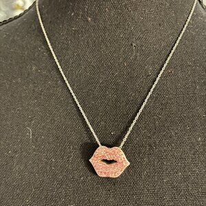 Pink Lip Crystal Necklace 18 In Rhodium Chain